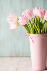 Pink and White Tulips in Pink Vase