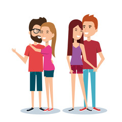 two couples of young people together cartoon style vector illustration