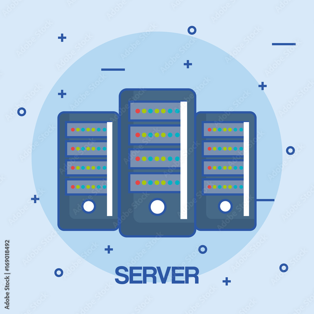 Poster server data center storage connection communication icon vector illustration
