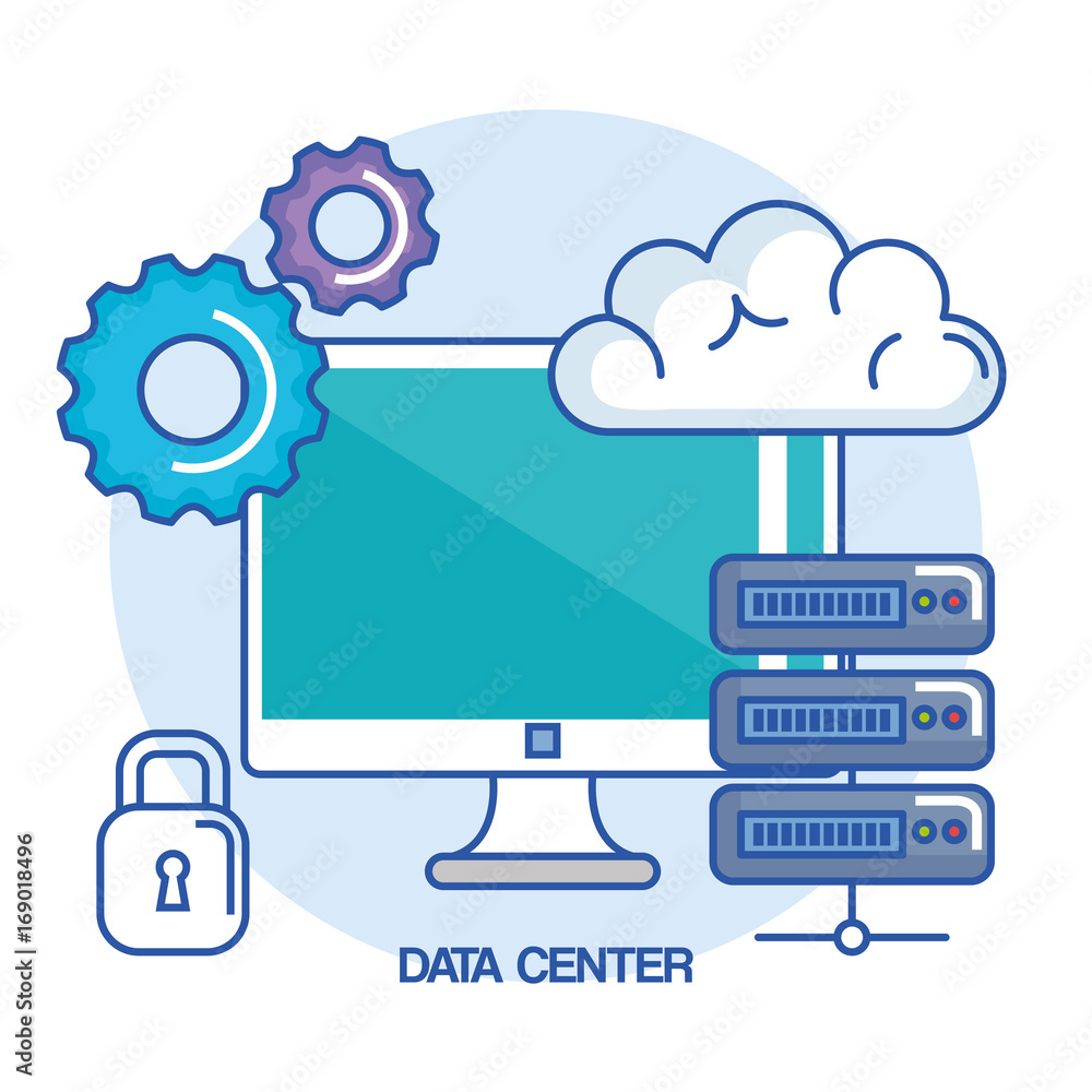 Poster data center computer base system protection vector illustration