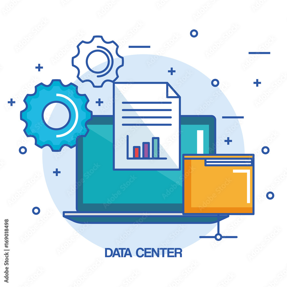Poster data center laptop computer folder document information work vector illustration