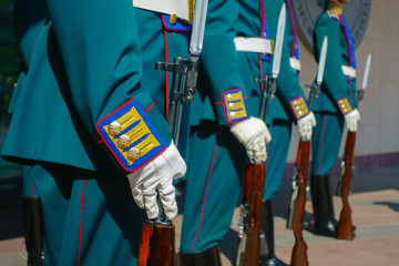 Soldiers in parade uniform with rifles and bayonets