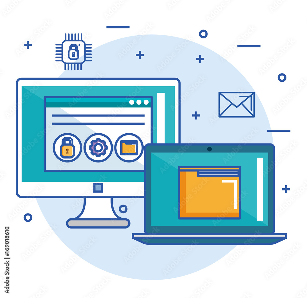 Aufkleber computer laptop folder file web site security concept vector illustration