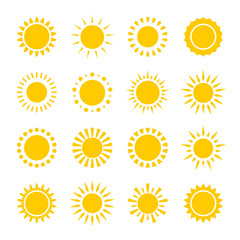 Sun collection with different beams. Flat minimal round solar shapes on white background