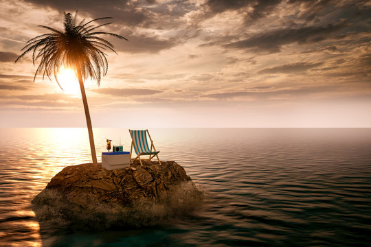 Einsame Insel im Meer mit Liegestuhl