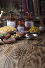 Wooden table, shallow depth of focus. Chinese medicine concept. Macro shot. 