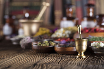 Wooden table, shallow depth of focus. Chinese medicine concept. Macro shot. 