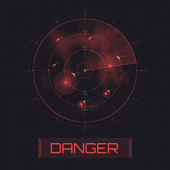 Vector Radar screen. Text with warning message danger. Attack warning. Futuristic HUD radar display. Sci-fi design element isolated on background. Military air scan. Submarine navy search.