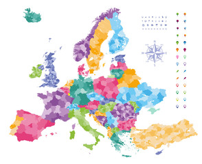 Europe map colored by countries with regions borders. 
Navigation, location and travel icons collection. 