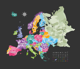 Europe map colored by countries with regions borders. 
Navigation, location and travel icons collection. Vector