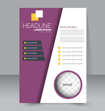 Business brochure template. Flyer design. Annual report cover. Booklet for education, advertisement, presentation, magazine page. a4 size vector illustration. Purple and yellow color.