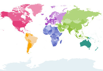 world map colored by continents vector detailed illustration