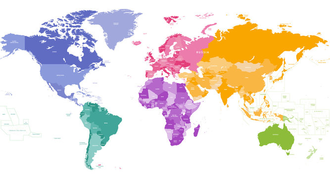 World map colored by continents vector illustration
