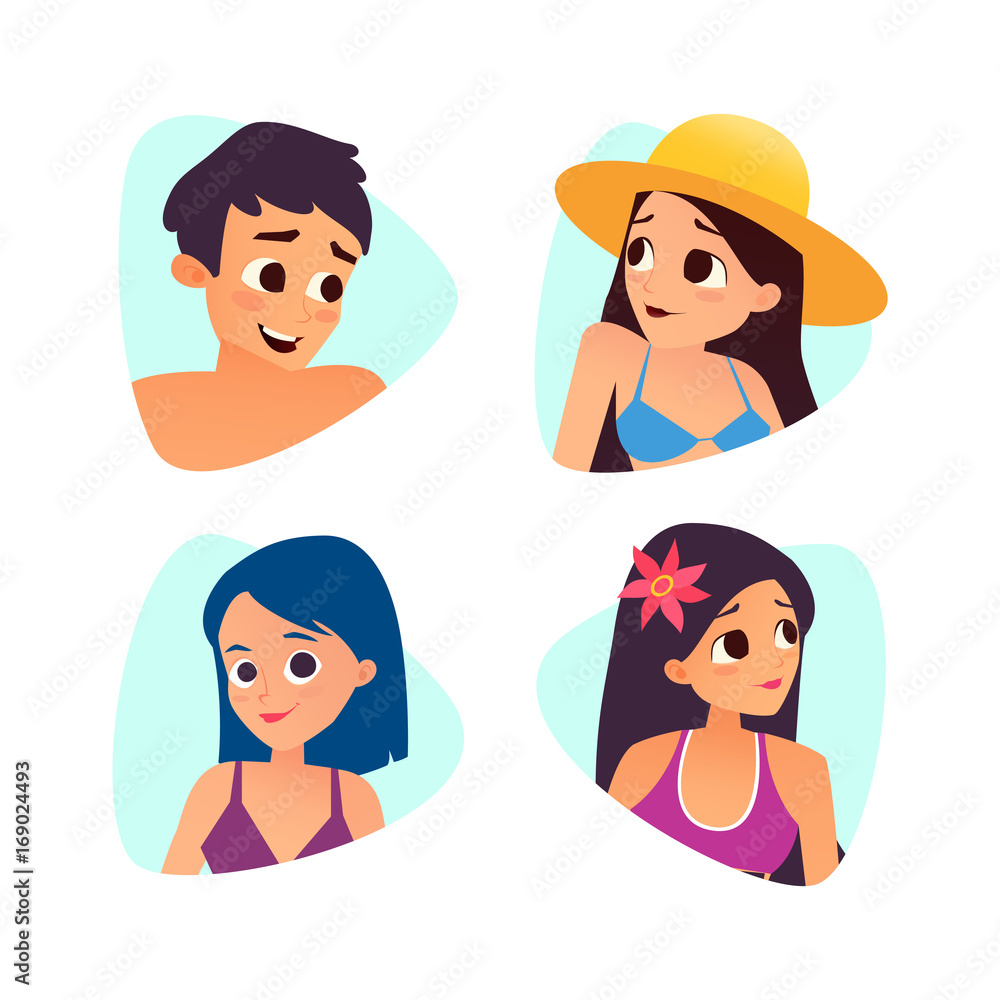 Sticker Set of summer cartoon avatars. Cartoon style