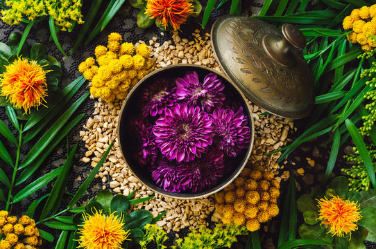Brass Container with Purple Chrysanthemum Flowers
