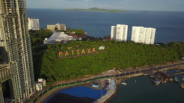 4K Aerial view around Pattaya city sign