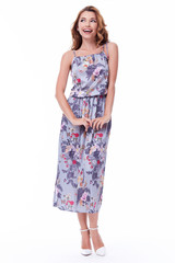 Pretty sexy lady fashion model blond hair wear long silk dress organic catalog of clothes casual style for walk meeting white background beautiful woman summer collection.