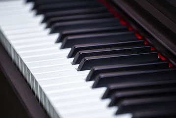 Black and white piano keys close-up.