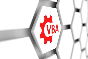 VBA conceptual wheel gear blurred background 3D illustration