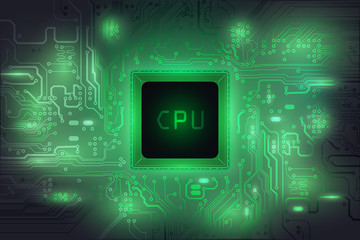 Central Processing Unit (CPU) digital tech on green mainboard circuit background, vector illustration EPS 10
