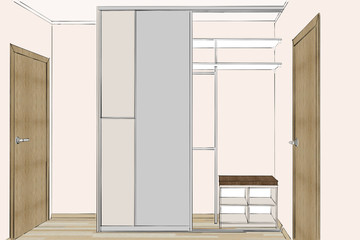 3D rendering. Empty wardrobe with sliding doors in the room. Front view.