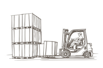 Forklift Drawing(outlines, white background). Vector.