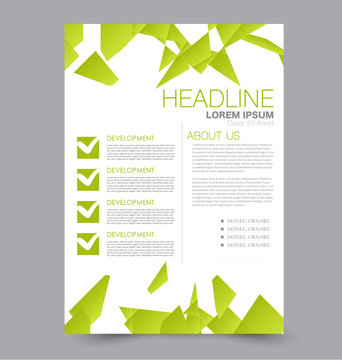 Flyer template. Business brochure or annual report cover. Editable A4 poster for design, education, presentation, website, magazine page. Vector illustration. Green color.