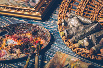 Art paints, palette, brushes pencil