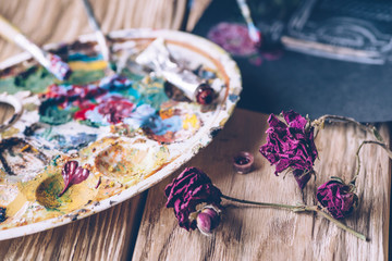 Art paints, palette, brushes pencil