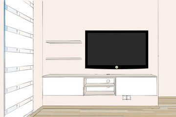 3D rendering. Modern living room interior. Modern creative TV furniture. TV stand and entertainment center. Front view.