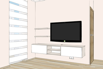 3D rendering. Modern living room interior. Modern creative TV furniture.