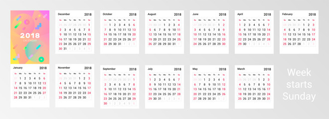 Calendar for 2018 year. Print template, portrait orientation, week starts Sunday.