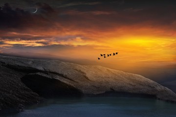Beautiful sunset with moon . View on night sky . Silhouette of birds into the night sky . Sunrise...