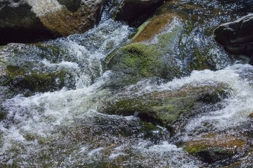 Rivière en mouvement. Eau qui coule sur des rochers.