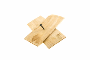 Screws screwed into a wooden board, on a white background