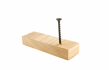 Screws screwed into a wooden board, on a white background