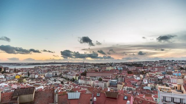 Aerial day to night (sunset) timelapse of Lisbon city center. Portugal. April, 2017