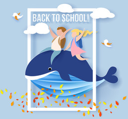 Back to school 1 september card with kids sitting on whale flying on blue sky background. Vector illustration. Paper cut and craft style.