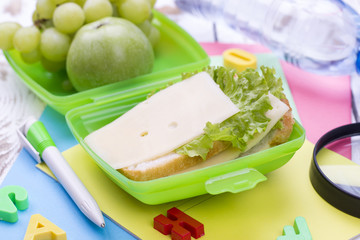 Back to school. Set of school objects and breakfast. Selective fokus