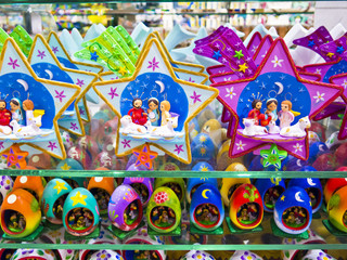 Colorful traditional mexican ceramics -christmas nativity scene, Playa del Carmen, Mexico