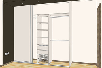 3D rendering. Empty wardrobe with metal system sliding doors in the room. Large modern cupboard. Home Interior Design Software Programs. Project management.	