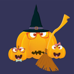 Vector illustration:cute and nice halloween pumpkins mascots isolated. Funny kind halloween pumpkin or squash characters faces with witch broom or besom and wizard hat.