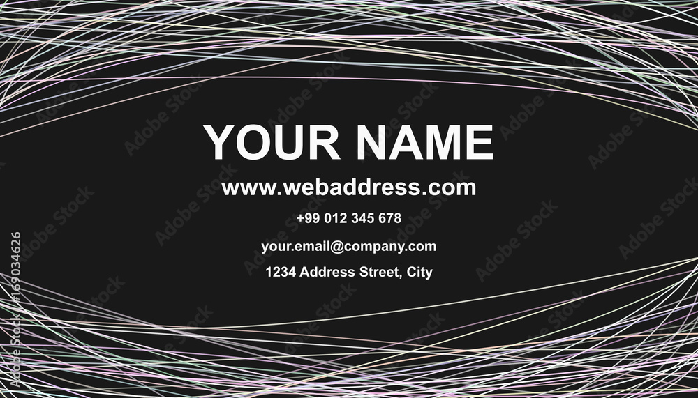 Poster colorful business card template design - vector name card graphic with curved stripes on black backg