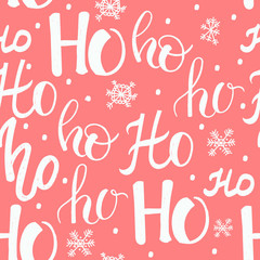 Hohoho pattern, Santa Claus laugh. Seamless texture for Christmas design. Vector red background with handwritten words ho