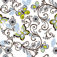 Seamless floral patterns with butterflies and hearts. Vector illustration