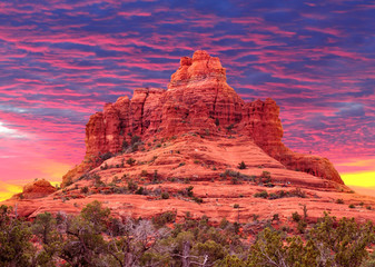Colorful sunset at Bell Rock in Sedona, Arizona USA