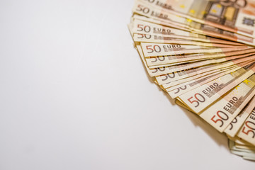 Heap of euro notes side view. Envelope of money