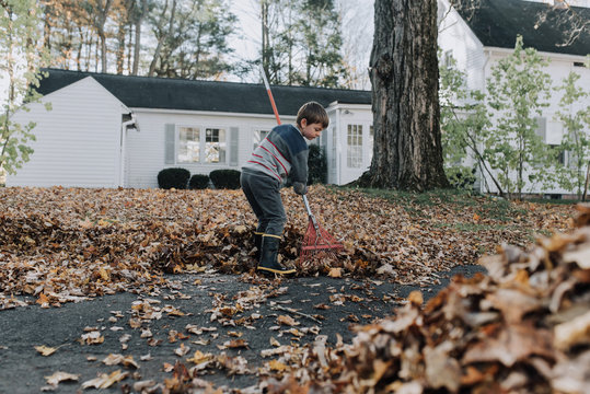 boy raking leaves in driveway