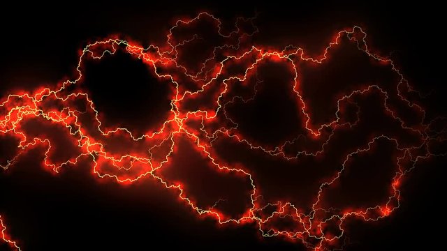 Electricity crackling. Abstract background with electric arcs. Realistic lightning strikes.Electric and magnetic fields. Seamless looping. Red.