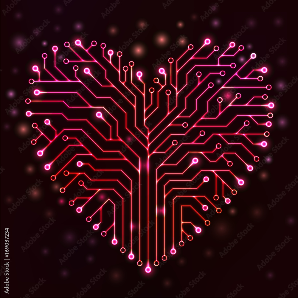 Poster circuit printed board in the shape of a heart with red neon lights